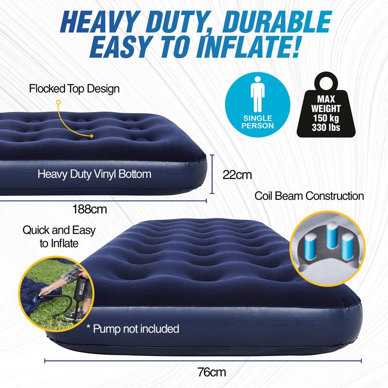 Airbed Bestway Inflatable Flocked Blue Single 188cm x 76cm